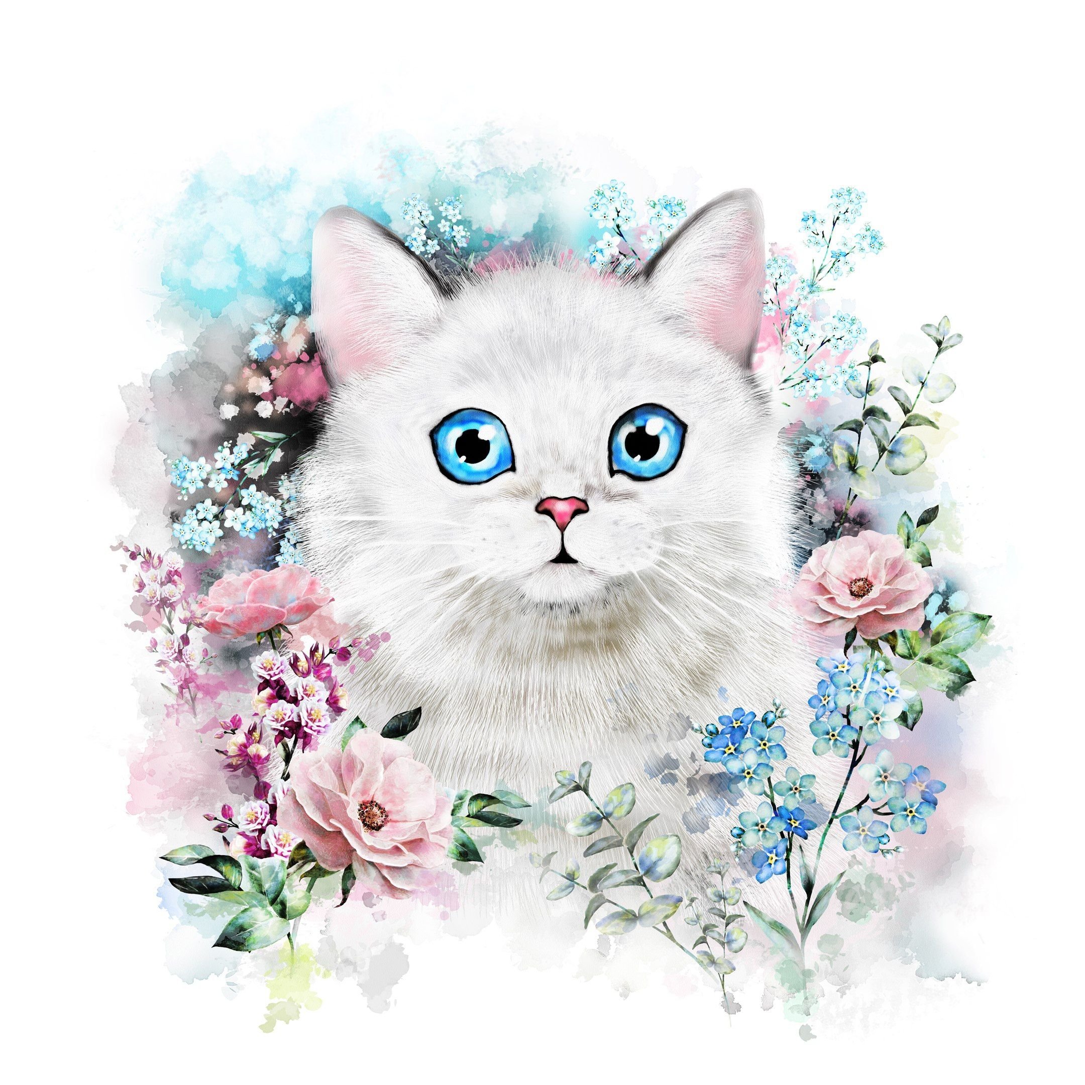 Открытка кот с цветами. Кот с цветами акварель. Кошка акварелью. Милый котенок акварелью. Котенок с цветами акварелью.