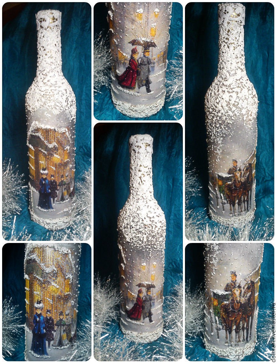 Декор стеклянной бутылки для нового года