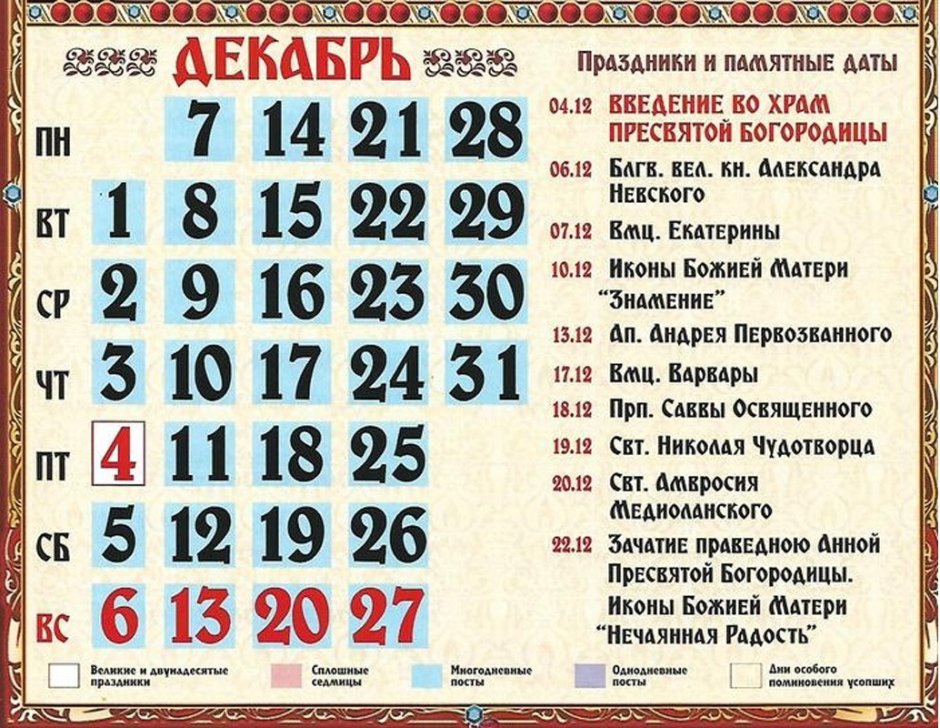 Церковные праздники в декабре 2020 года в России