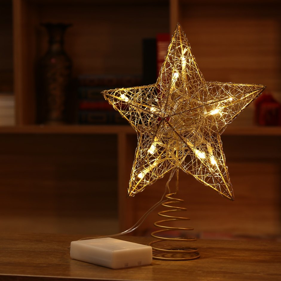 Светодиодная звезда, наконечник на елку, золотой, 2хaa