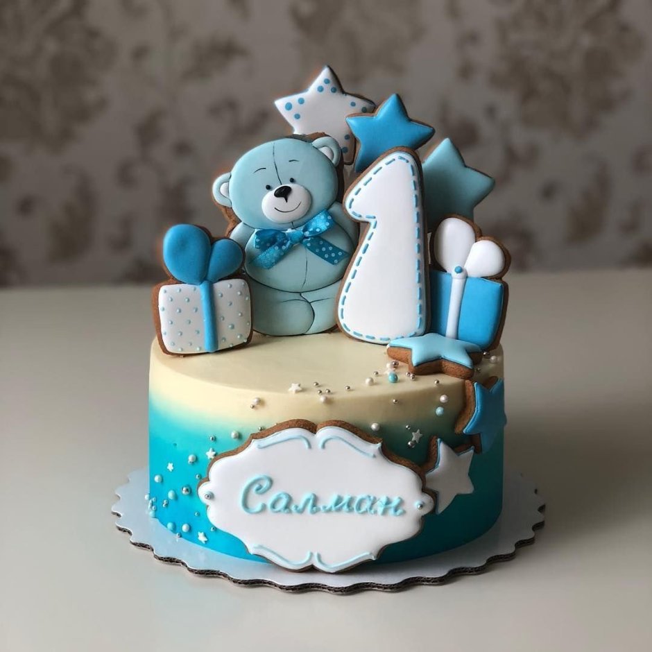 Голубой торт для мальчика с пряниками
