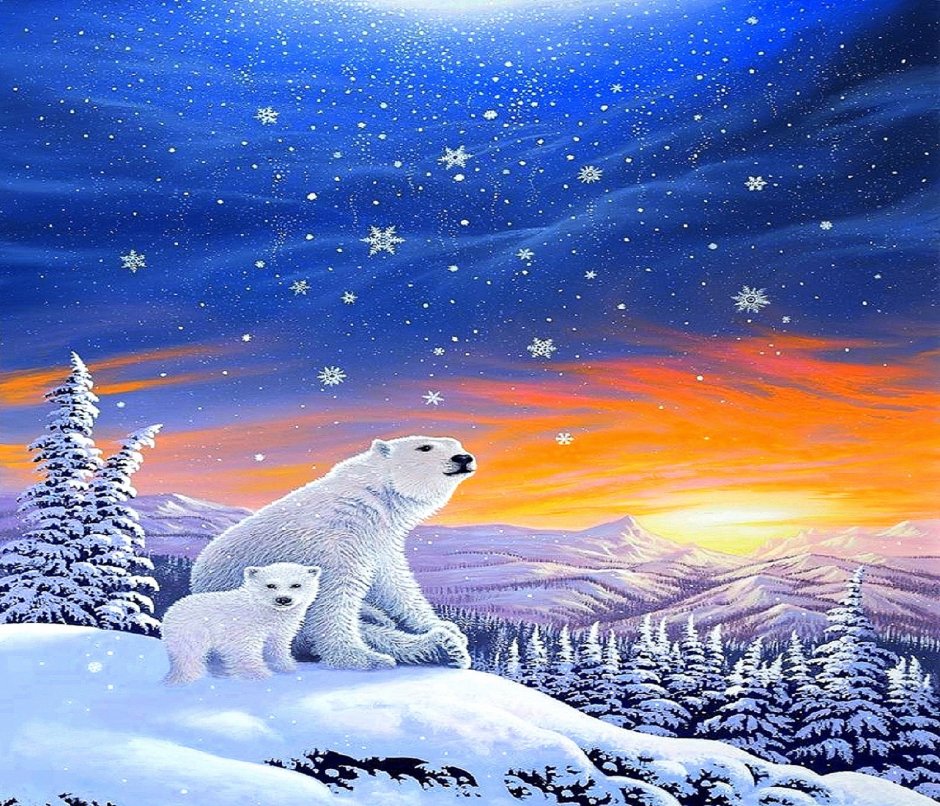 Белый Медвежонок на фоне звезд
