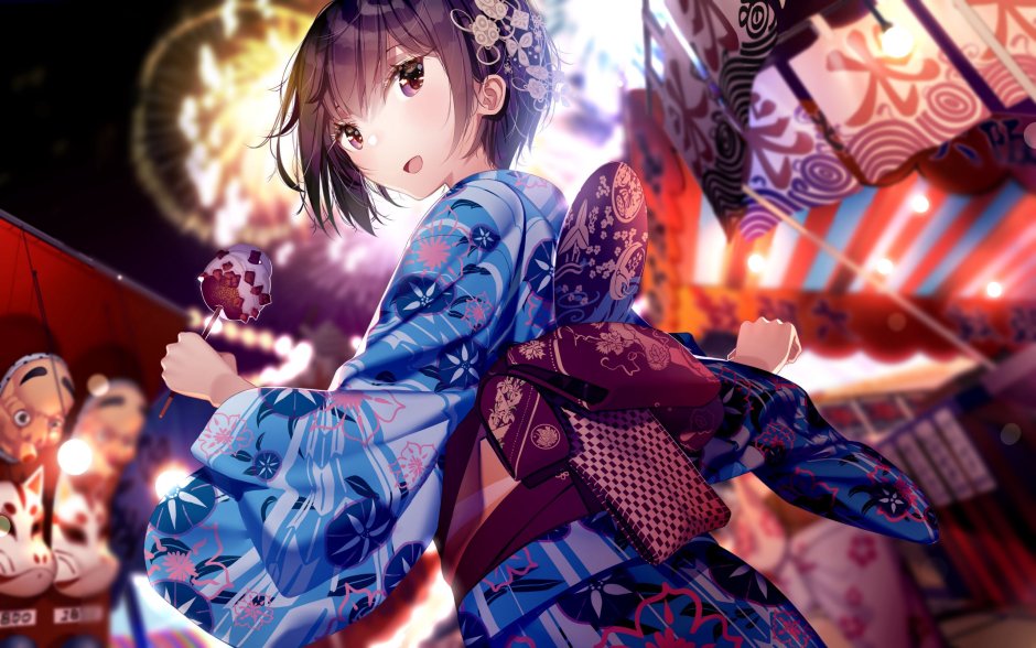 Аниме девушка в кимоно на фестивале