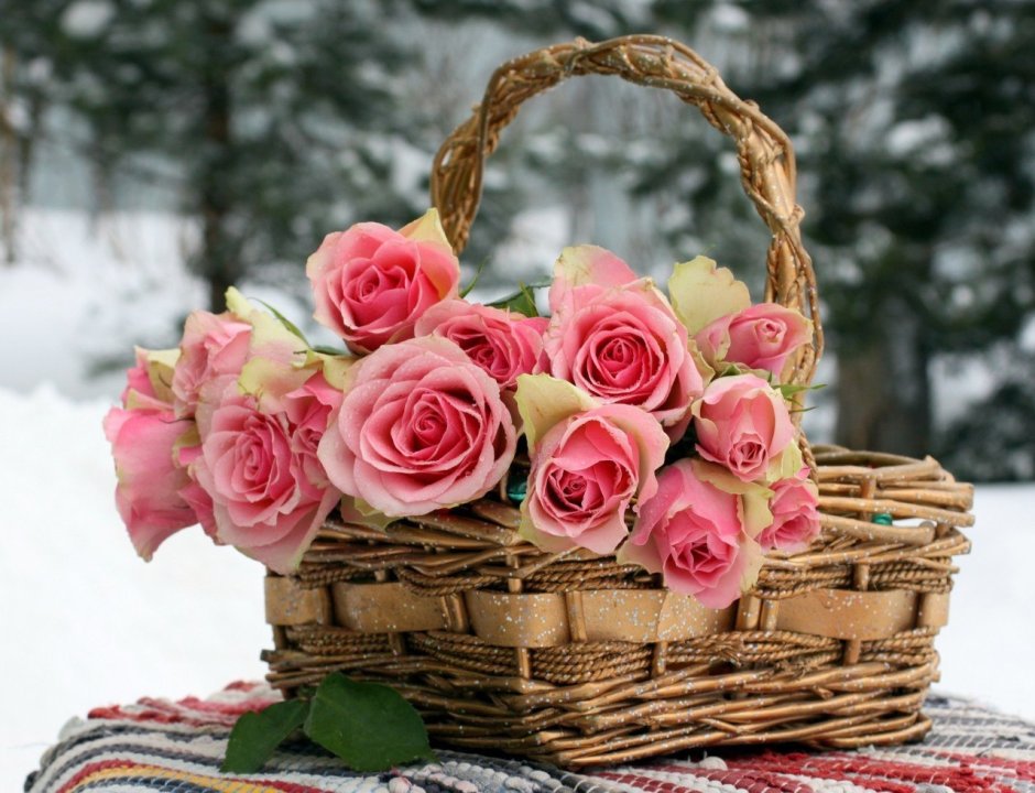 Корзина с цветами на снегу