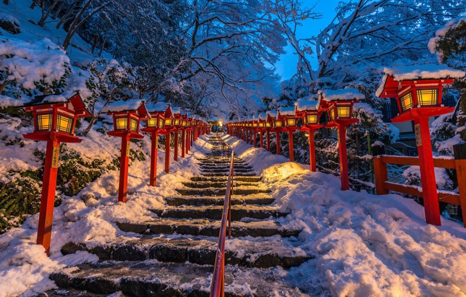 Зима мост Япония Синтоистский храм