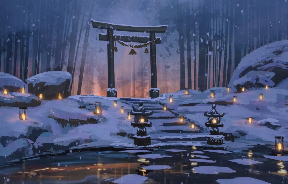 Японские храмы аниме зима