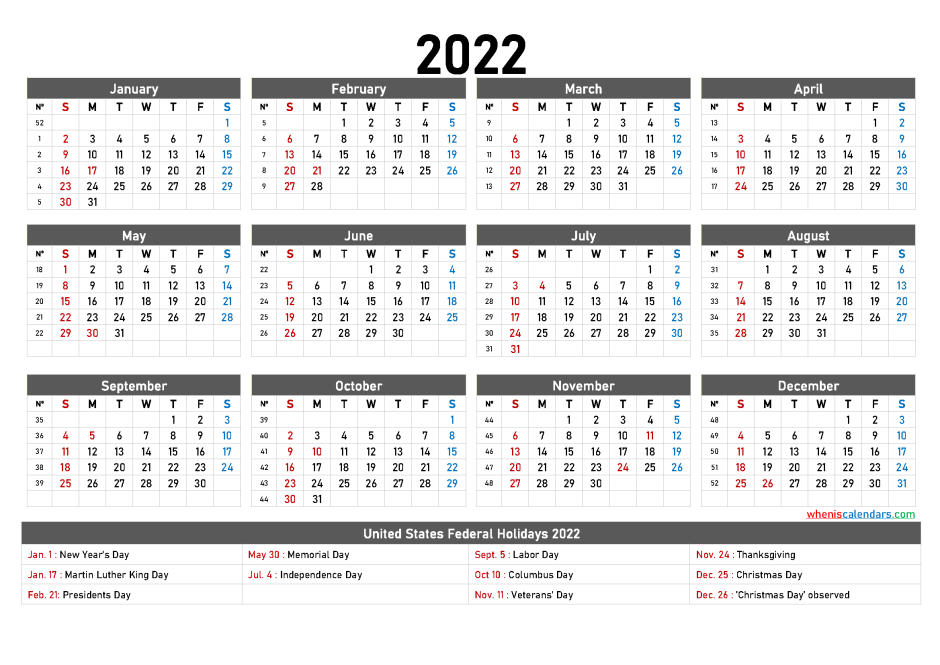 Календарь с номерами недель на 2022 год