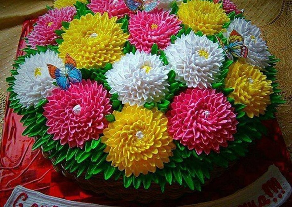 Декор торта с хризантемами живыми