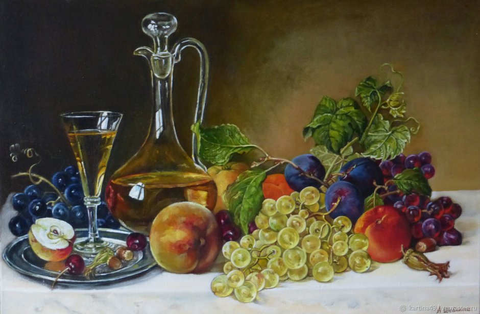 Картина натюрморт с персиком виноградом и бокалом белого вина