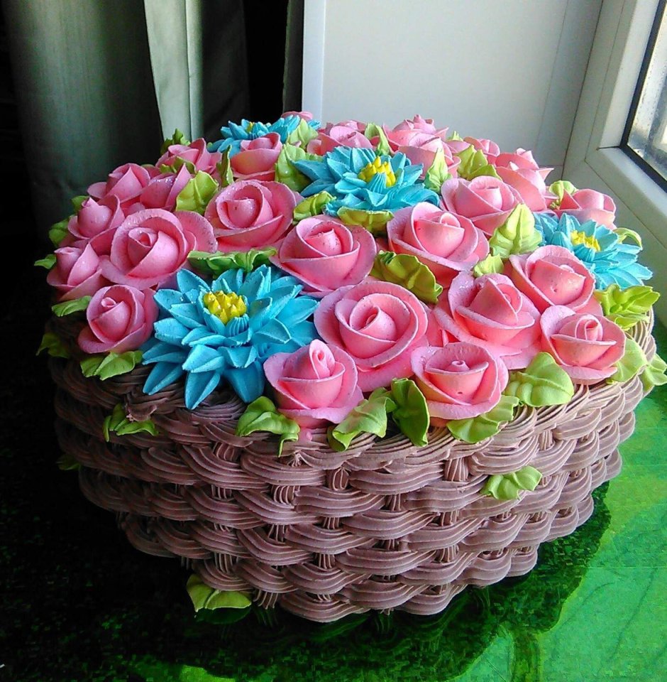 Украшение торта корзинка с цветами