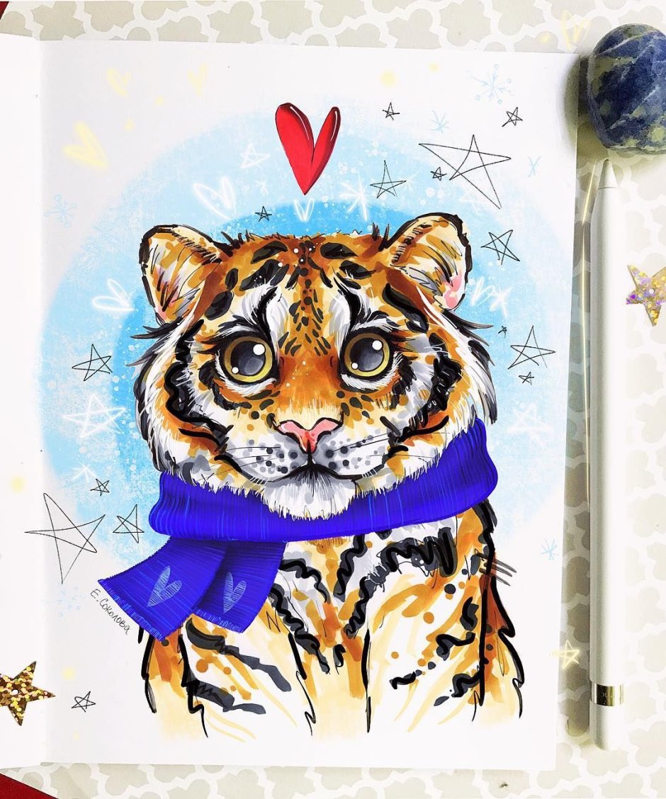 Рисунок тигра фломастерами