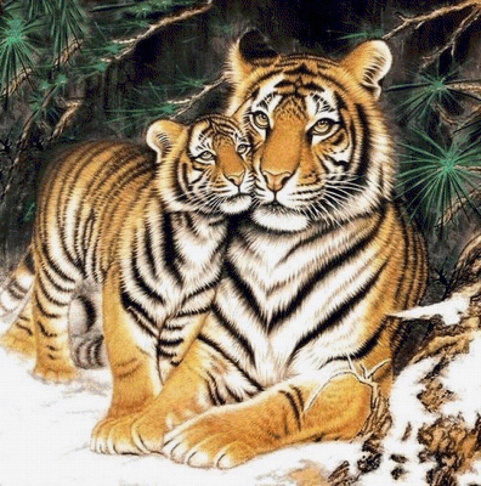 Вышивка тигрица с тигренком