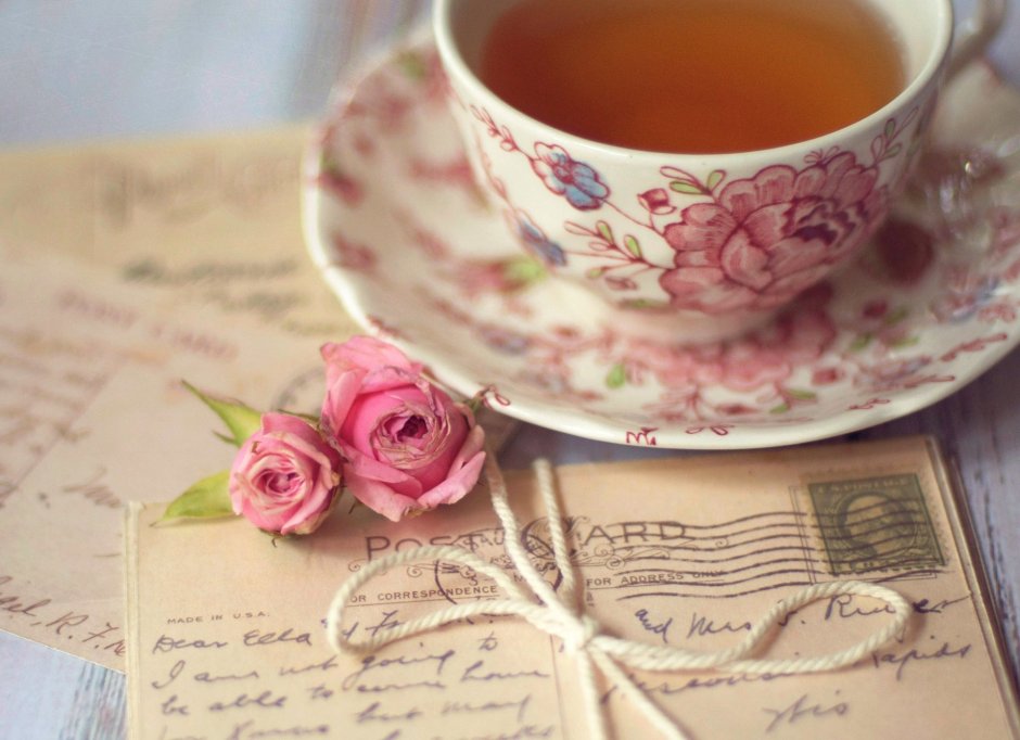 Нежные цветы и чашка чая