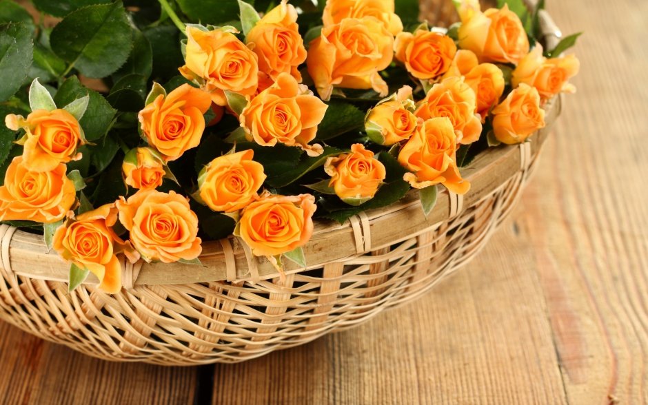 Оранжевые розы в корзине