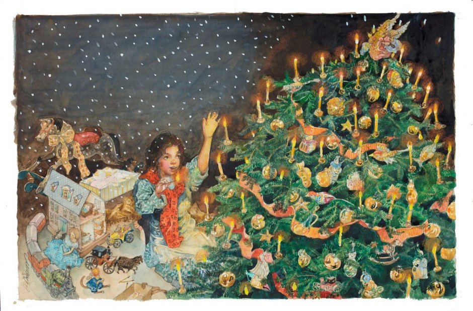 Рождественская елка со звездой живопись