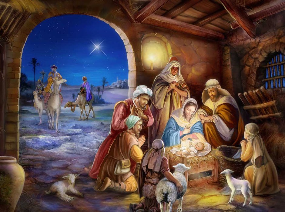 Мария и Иосиф с младенцем в хлеву