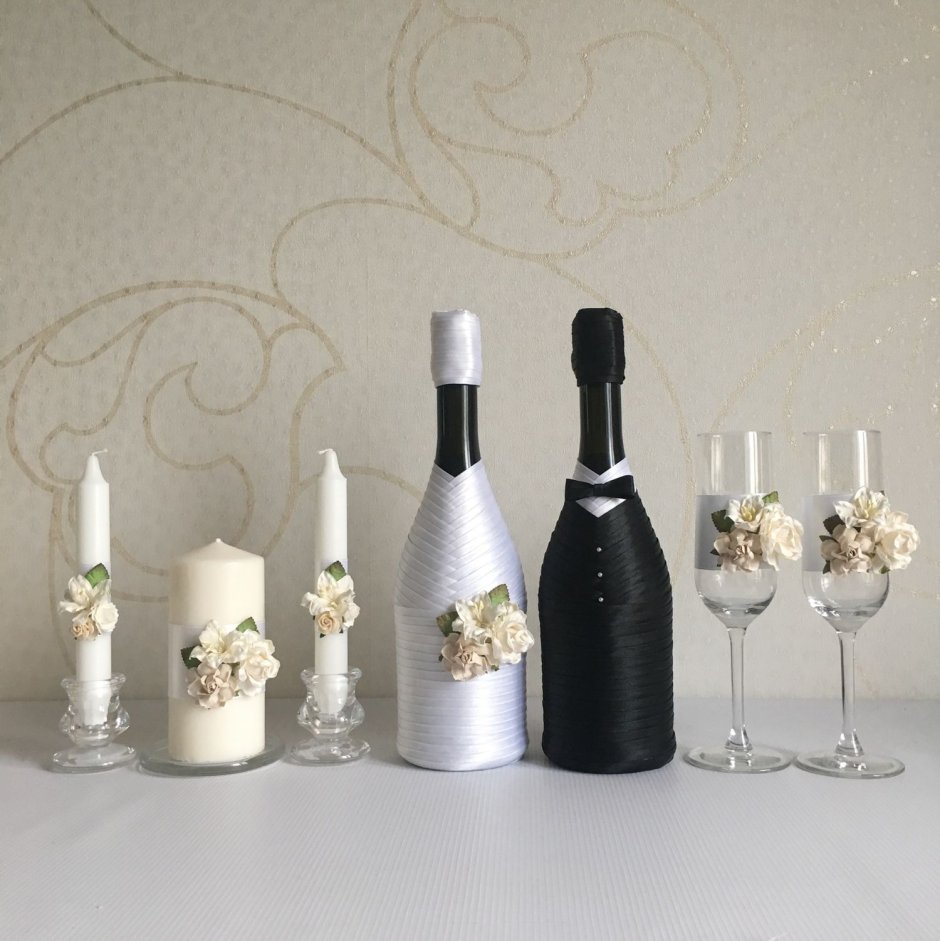 Украшение бокалов и бутылок на свадьбу