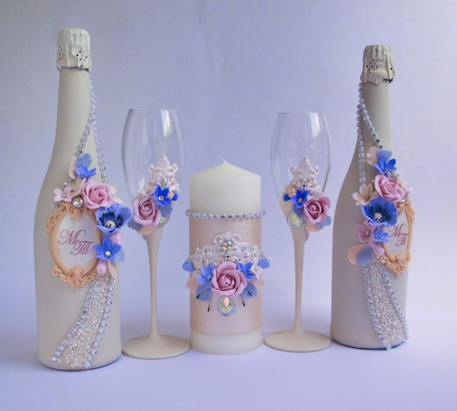 Декор свадебных бутылок и бокалов амбре