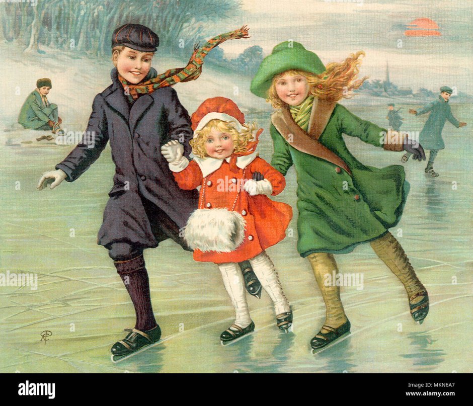 Ретро открытка Новогодняя с детьми на коньках
