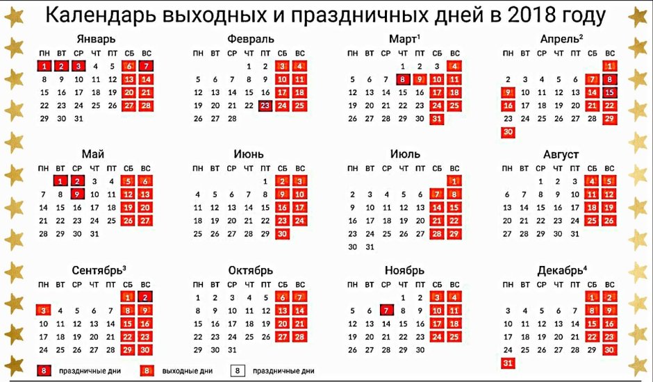 Производственный календарь 2018 года с праздниками и выходными