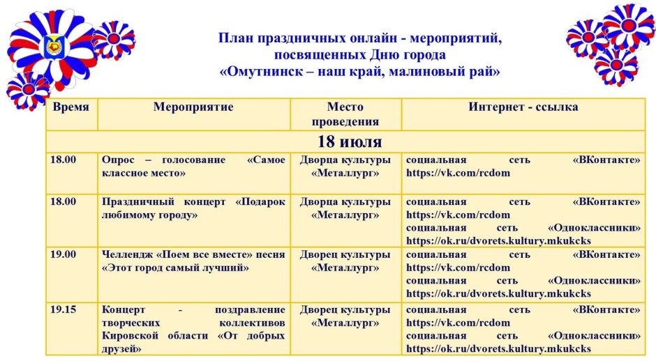 План мероприятий на день