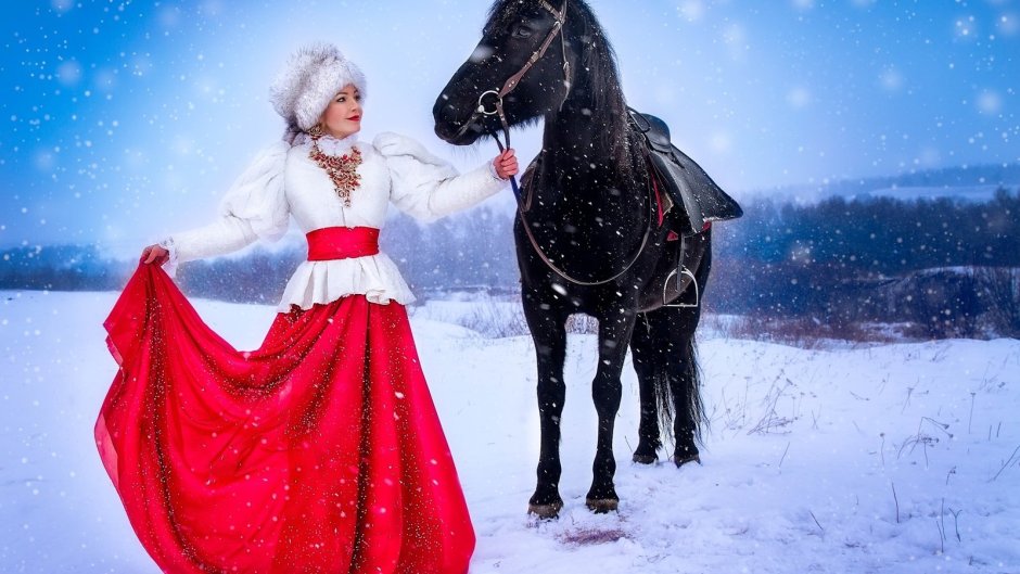 Лошади в снегу новый год
