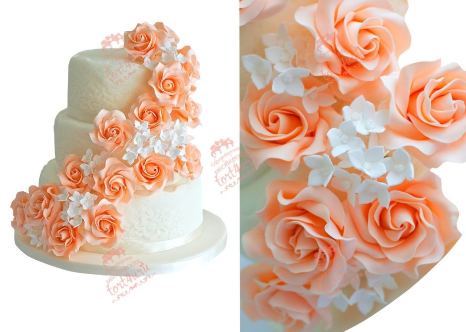 Торт с розами персикового цвета