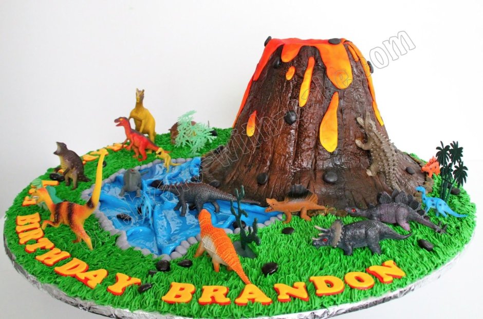 Декор торта вулкан и динозавры