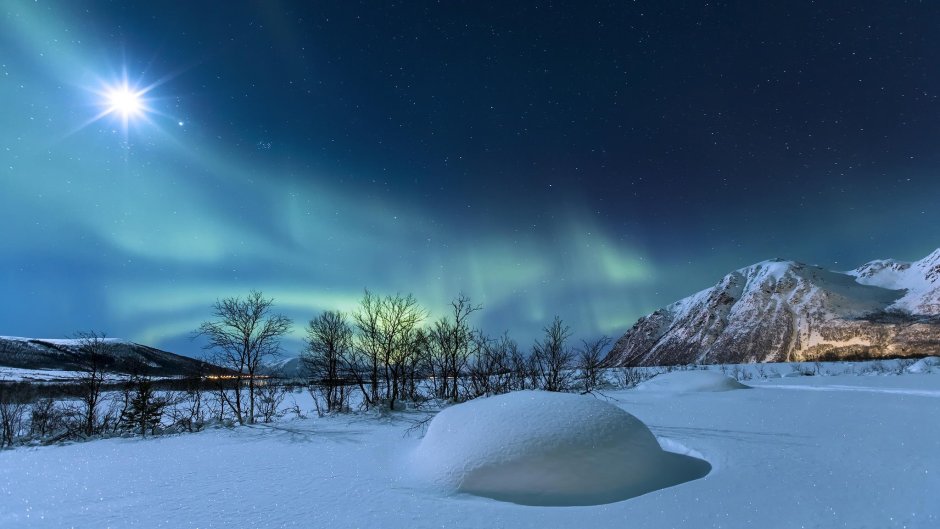 Норвегия зимой Северное сияние