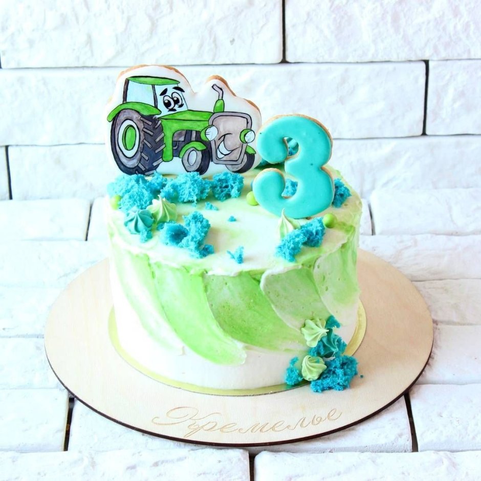 Двухярусный торт синий трактор