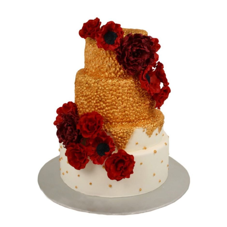 Торт с золотой и красными розами