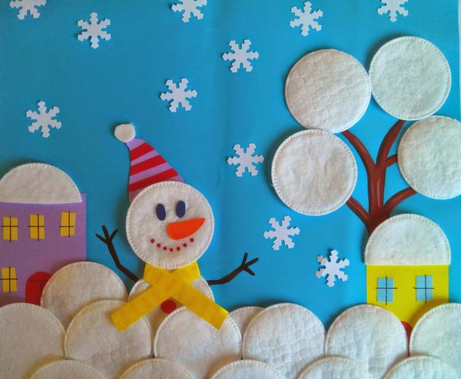 Снеговик из ватных дисков для малышей 3 лет