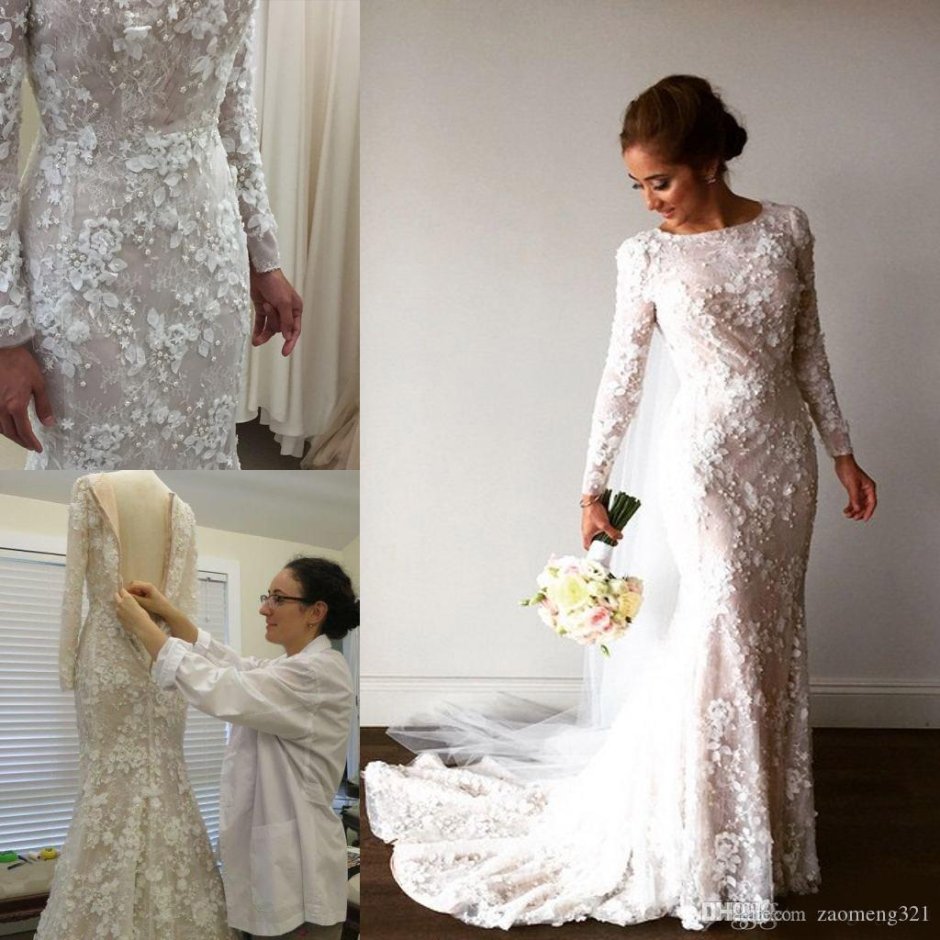 Кружевное свадебное платье с длинными рукавами