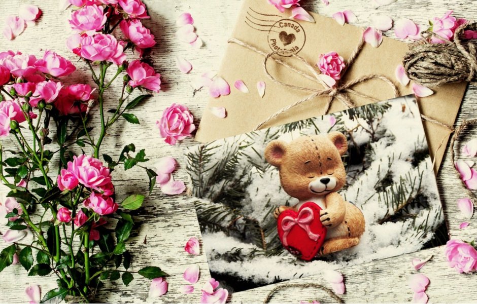 Открытка мишка с розами