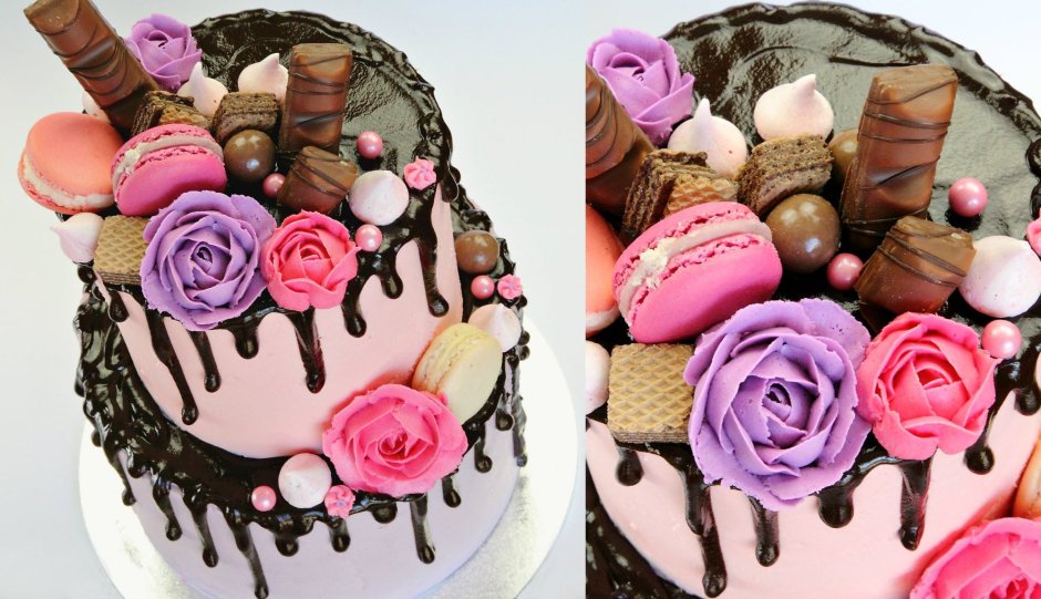 Украшение торта цветами и конфетами