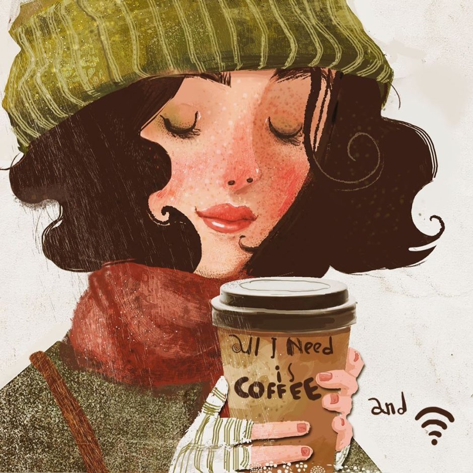 Рисованная девушка с кофе