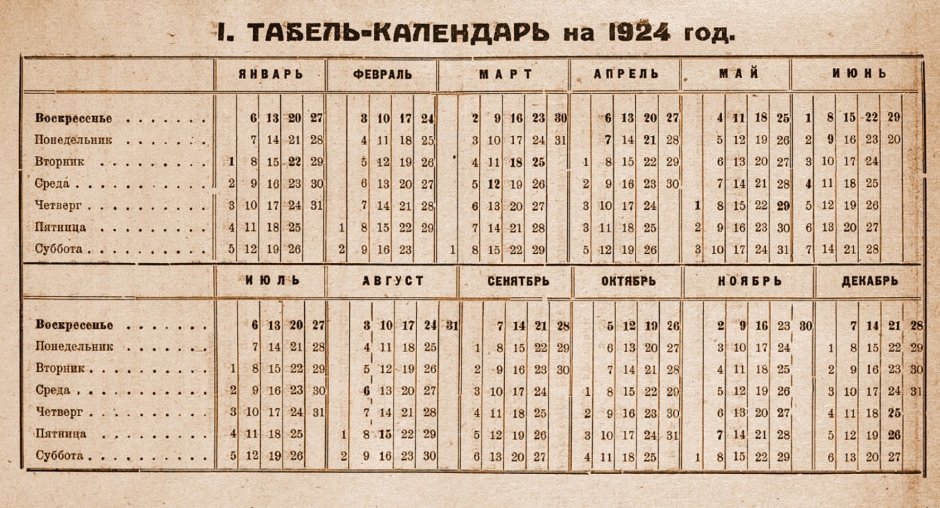 Календарь 1924 года по месяцам