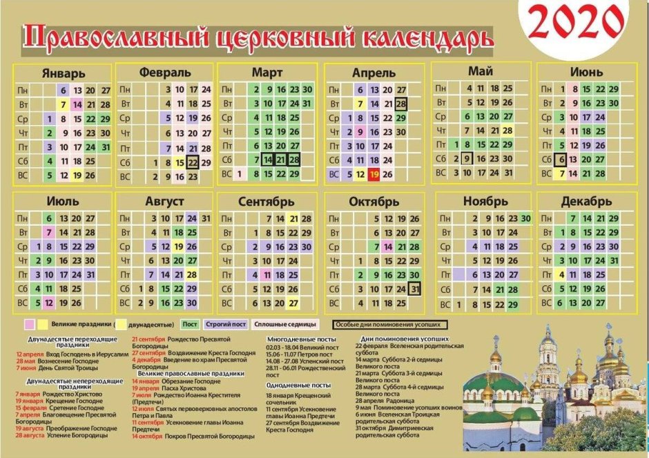 Православный церковный календарь на 2020 год