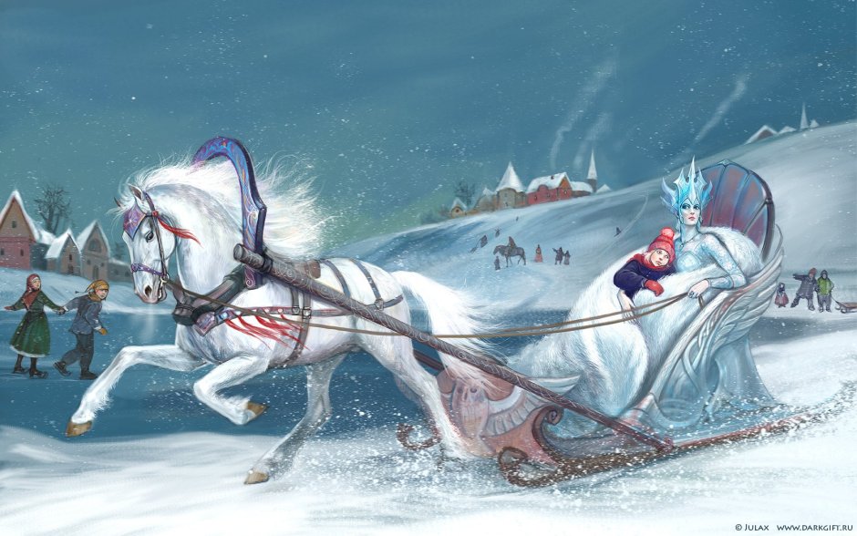 Дед Мороз на санях с оленями летит