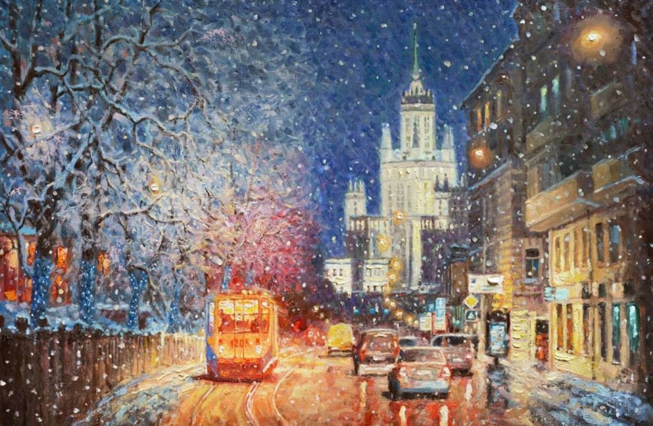 Художник Игорь Разживин снежные городские пейзажи