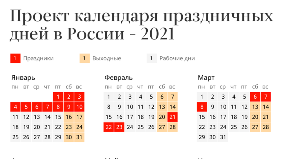 Выходные и праздничные дни в 2021 году в России