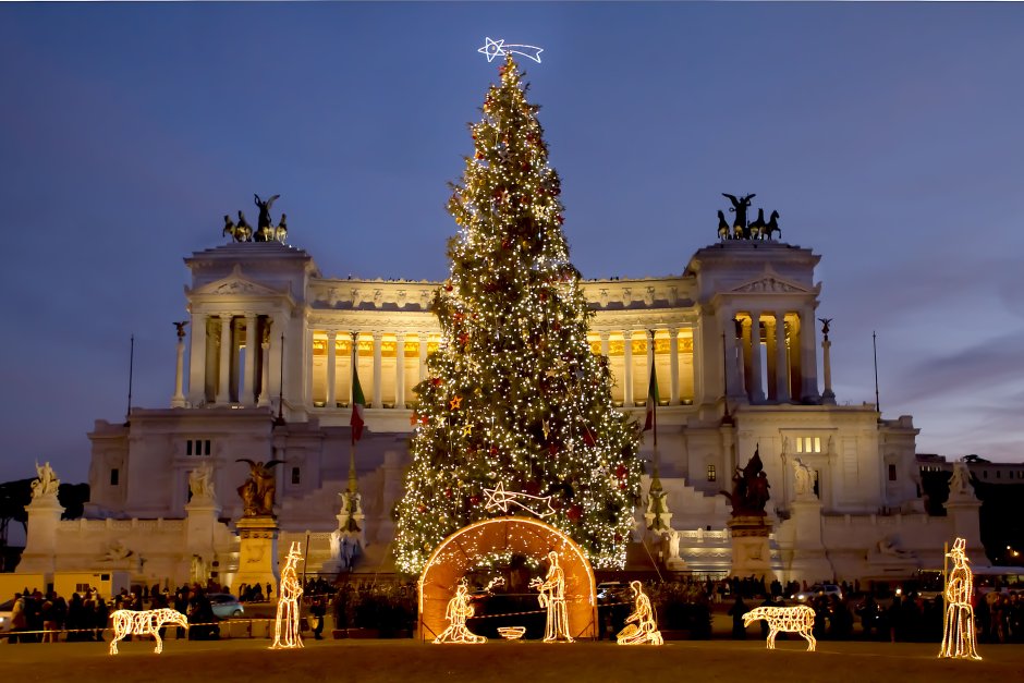 Рим (Италия) Рождественская елка на площади Пьяцца Венеция.