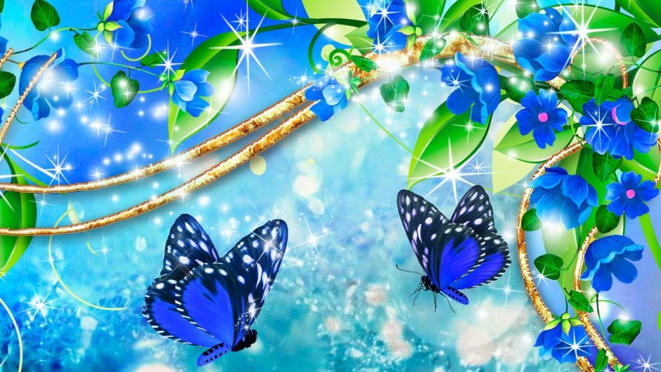 Синий фон с цветами и бабочками