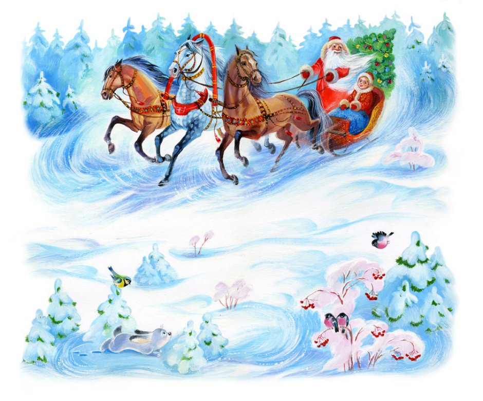 Дед Мороз и Снегурочка на тройке Палех