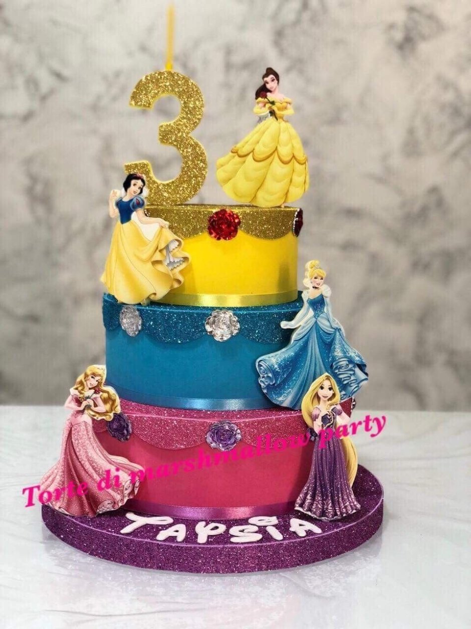 Трёхъярусный торт с принцессами для девочки