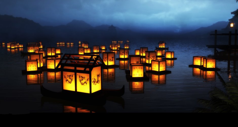 Япония фонарики на воде