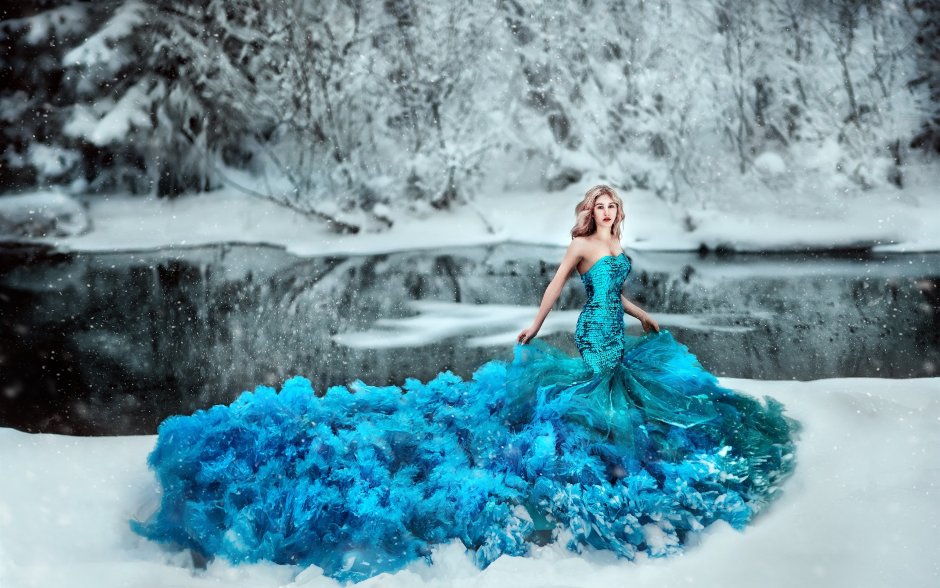 Фотосессия в пышном платье зимой