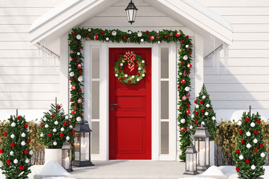 Новогодний баннер красная дверь Рождество в дом