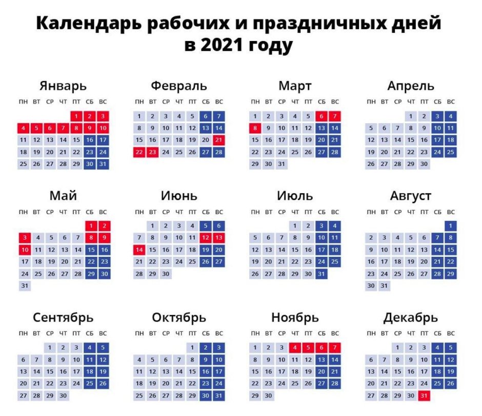 Праздники 2021 календарь праздничных дней России на 2021 год