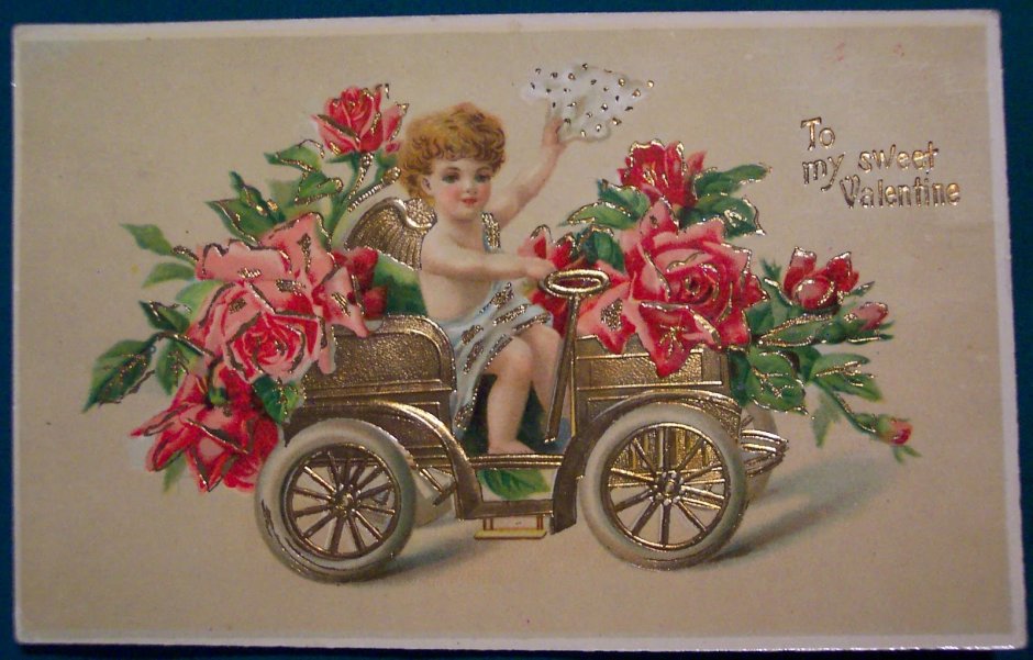 Винтажная открытка с днем рождения женщина автомобиль